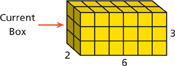 A solid shape made of cubes shows the height, width, and length of the object.
