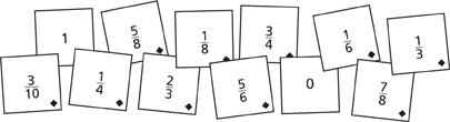 A set of fraction cards and whole number cards: three-tenths, 1, one-fourth, five-eighths, two-thirds, one-eighth, five-sixths, three-fourths, 0, one-sixth, seven-eighths, one-third. Each fraction card has a diamond shape in the bottom right corner.