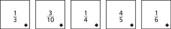 A set of fraction cards: one-third, three-tenths, one-fourth, four-fifths, one-sixth. Each fraction card has a diamond shape in the bottom right corner.