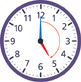 A clock with the hour hand pointing to “5” and the minute hand pointing to “12.” An arrow points from the minute hand clockwise to the hour hand.