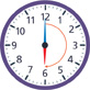 A clock with the hour hand pointing to “6” and the minute hand pointing to “12.” An arrow points from the minute hand clockwise to the hour hand.