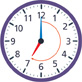 A clock with the hour hand pointing to “7” and the minute hand pointing to “12.” An arrow points from the minute hand clockwise to the hour hand.