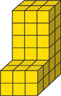 A solid shape made of cubes shows the height, width, and length of the object.