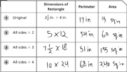 A table for perimeter and area with handwritten answers in the second, third, and fourth columns.