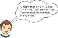 A boy thinks, “I know that 1+9=10 and 7+7=14. Then 10+14=24. You can add the numbers in any order.”