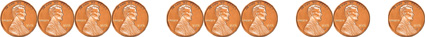 A row of pennies with 4 pennies in the first group, 3 pennies in the second group, 2 pennies in the third group, and 1 penny on the end.