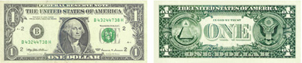 Two sides of a dollar bill. One side has a head in the center and the number 1 in each corner. The other side has a pyramid, an eagle, and the word “one” in the center and the number 1 in each corner.