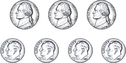 A nickel, a nickel, a nickel, a dime, a dime, a dime, and a dime.