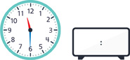 A clock with the hour hand pointing between “11” and “12” and the minute hand pointing to “6.” A blank digital clock.