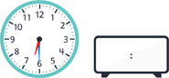 A clock with the hour hand pointing between “6” and “7” and the minute hand pointing to “6.” A blank digital clock.