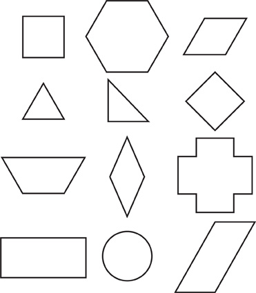 A set of 12 objects: square, hexagon, rhombus, triangle, triangle, square, trapezoid, rhombus, shape that resembles a plus sign, rectangle, circle, rhombus.
