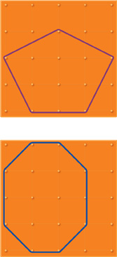 A pentagon on a Geoboard. An octagon with 2 opposite sides longer than the others on a Geoboard.