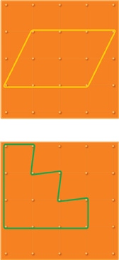 A rhombus on a Geoboard. A shape that resembles a stool with 3 steps on a Geoboard.