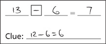 Handwritten text reads: 13−6 =7. Clue: 12−6=6.
