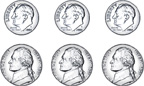 A group of coins: dime, dime, dime, nickel, nickel, nickel.