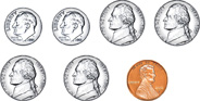 A group of coins: dime, dime, nickel, nickel, nickel, nickel, penny.