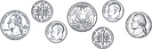 A group of coins: quarter, dime, dime, quarter, dime, dime, nickel.