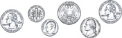 A group of coins: quarter, dime, dime, quarter, nickel, quarter.