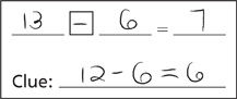 A card with handwritten text. Text reads: 13−6=7. Clue: 12−6=6.