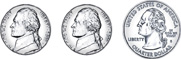 A set of 3 coins: nickel, nickel, quarter.