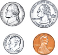 A set of 4 coins: nickel, quarter, dime, penny.