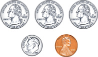 A set of 5 coins: quarter, quarter, quarter, dime, penny.
