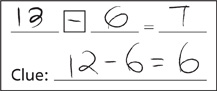 A card with handwritten text. Text reads: 13−6=7. Clue: 12−6=6.