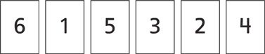 A group of number cards: 6, 1, 5, 3, 2, 4.