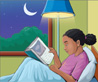 An image of a girl in bed reading a book. Through the window, the moon rises.