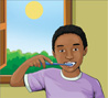 An image of a boy brushing his teeth. Through the window, the sun is rising.