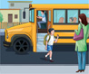 An image of a boy walking away from a school bus and toward his mother.