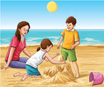 An image of a family building a sand castle at the beach while the sun is high in the sky.