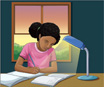 An image of a girl doing homework by a desk lamp. Through the window, the sky shows twilight.