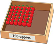 A box labeled “100 apples.” In the box, apples are arranged in a 6×6 array of apples.