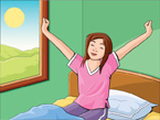 An image of a girl stretching her arms while sitting in bed. Through the window the sun rises.
