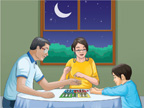 An image of a family playing a board game. Through the window the moon rises.