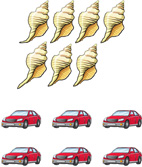 Hay un conjunto de 2 objetos: conchas marinas y carros. En el conjunto de conchas marinas: concha marina, concha marina, concha marina, concha marina, concha marina, concha marina, concha marina. En el conjunto de carros: carro, carro, carro, carro, carro, carro.