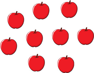 Hay un conjunto de manzanas: manzana, manzana, manzana, manzana, manzana, manzana, manzana, manzana, manzana.