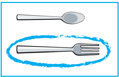 Hay dos dibujos, una cuchara y un tenedor que se extiende más que la cuchara. El tenedor está encerrado en un círculo.