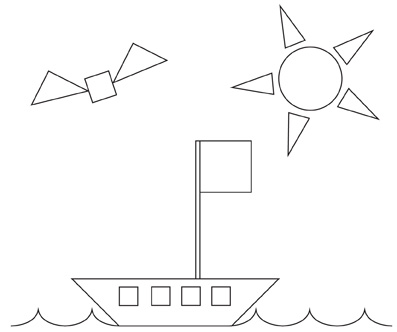 Una imagen para colorear con objetos formados por figuras muestra un velero en el agua, un sol en el cielo y un pájaro volando.