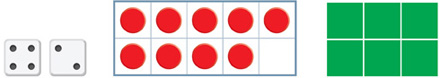 Hay un par de dados que muestran 6, un marco de diez con 9 fichas y conjunto de baldosas.