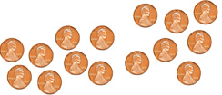 Hay un conjunto de monedas de un centavo: moneda, moneda, moneda, moneda, moneda, moneda, moneda, moneda, moneda, moneda, moneda, moneda, moneda, moneda, moneda.