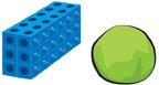 Doce torres de cubos, en dos filas de seis, forman un prisma rectangular. A la derecha, una pelota de plastilina forma una esfera.