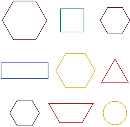 Hay un conjunto de figuras: hexágono, cuadrado, hexágono, rectángulo, hexágono, triángulo, hexágono, trapecio, círculo.