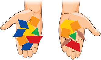 Dos manos sostienen bloques de diferentes figuras.