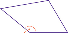 Hay un polígono de cuatro lados. Una flecha apunta al ángulo de 140 grados en el polígono.