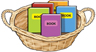 A basket with books. In the basket: book, book, book, book, book.