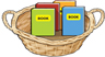 A basket with books: In the basket: book, book, book, book.
