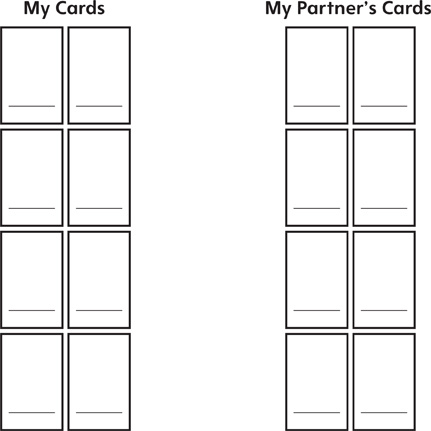 Four pairs of number cards under the label “My Cards.” Three pairs of number cards labeled “My Partner’s Cards.” Each number card has a blank.
