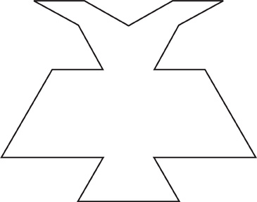 The outline of a shape with 3 parts: a base, a middle, and a top. Its 2 halves are mirror images.